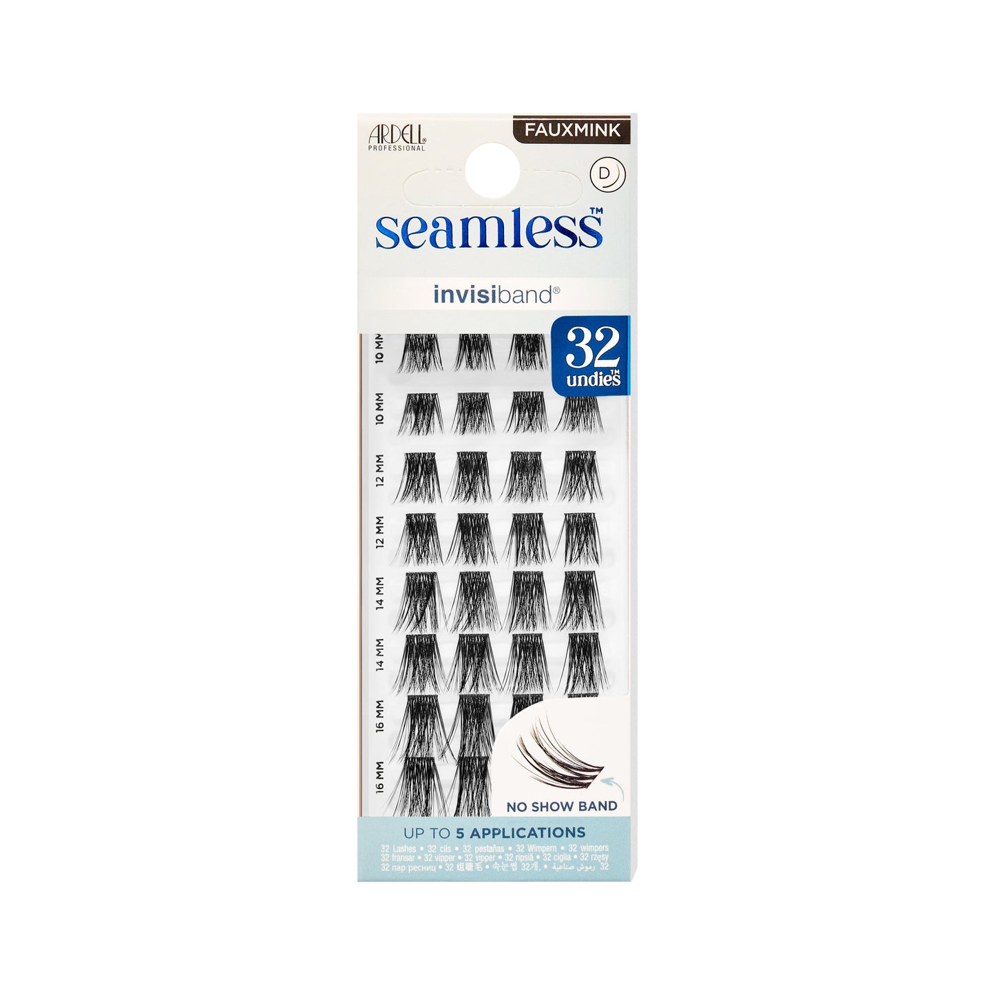 Front packaging of Seamless Underlash Fauxmink D Curl with Invisiband 32 Ct
