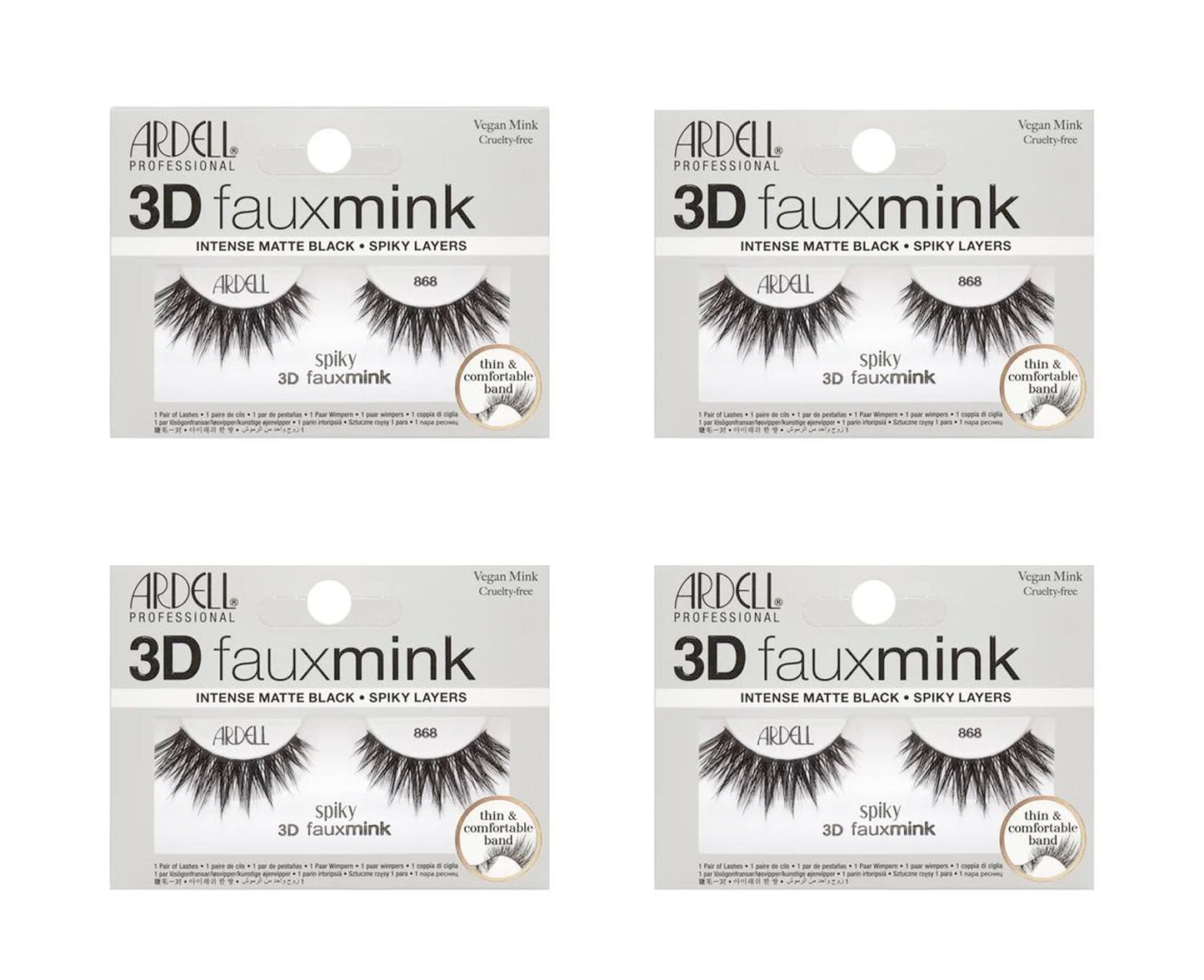 Four packages of Ardell 3D faux mink false eyelashes on a white background