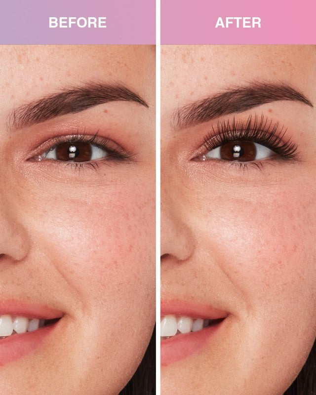 Before and after comparison of a woman's eyes with makeup application.