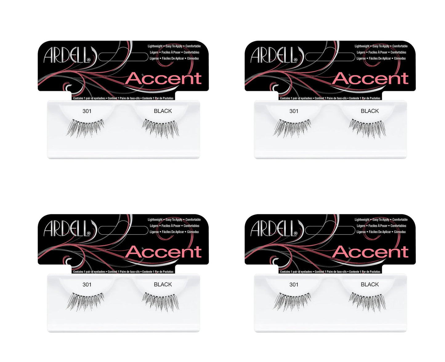 Four packages of Ardell Accent false eyelashes on a white background