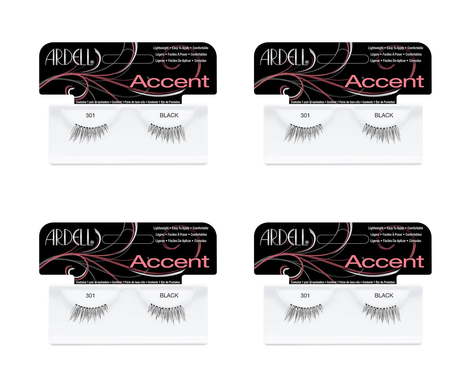 Four packages of Ardell Accent false eyelashes on a white background