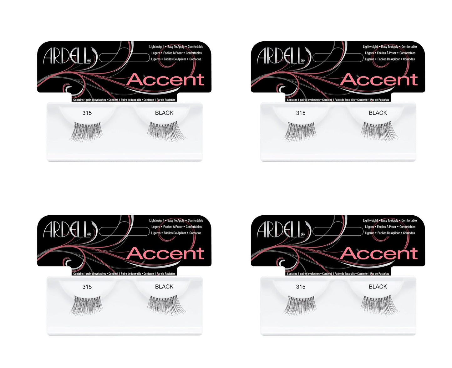 Four packages of Ardell Accent false eyelashes on a white background