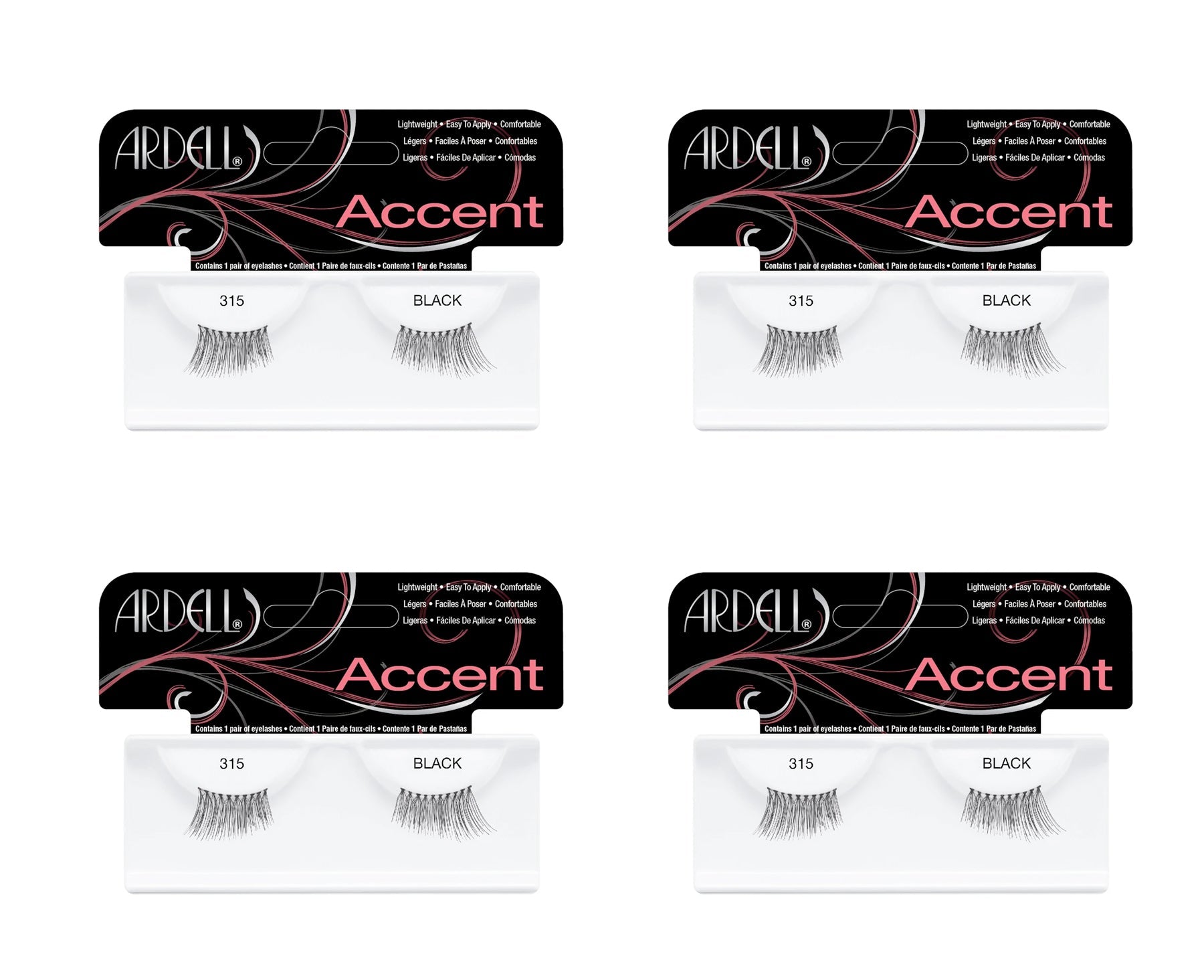 Four packages of Ardell Accent false eyelashes on a white background