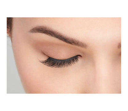 A model wearing Ardell's Faux mink 811 with close right eye showing its finely tapered end & the flared, winged out style