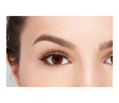 A model wearing Ardell's Faux mink 812 with open right eye showing its flared, winged-out & natural lash look