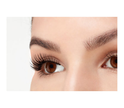 A close-up side shot of a model open right eye wearing Ardell Faux mink 812 showing a rounded, feathery yet natural lash look