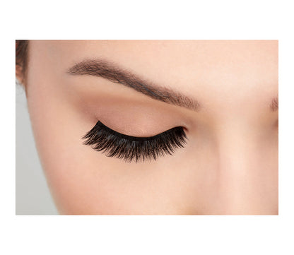 A model with a closed eye wearing the Ardell 3D Faux Mink 854 eyelash showing how it looks like when worn on a frontal view.