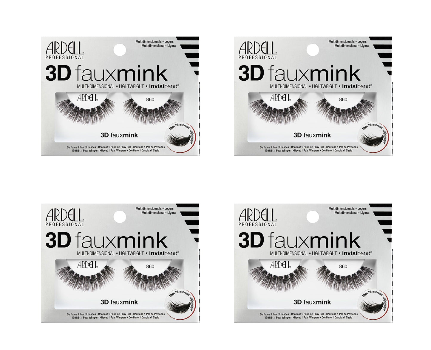 Four packages of Ardell 3D faux mink false eyelashes on a white background