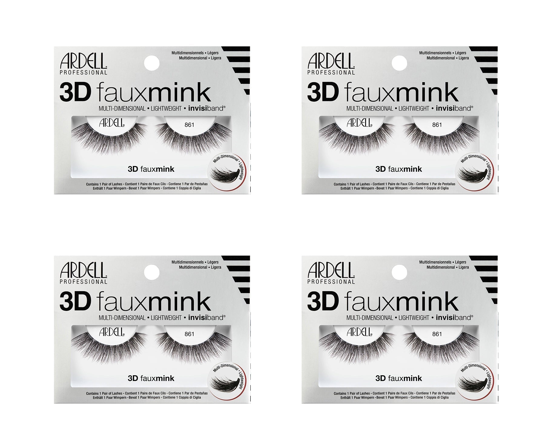 Four packages of Ardell 3D faux mink false eyelashes on a white background