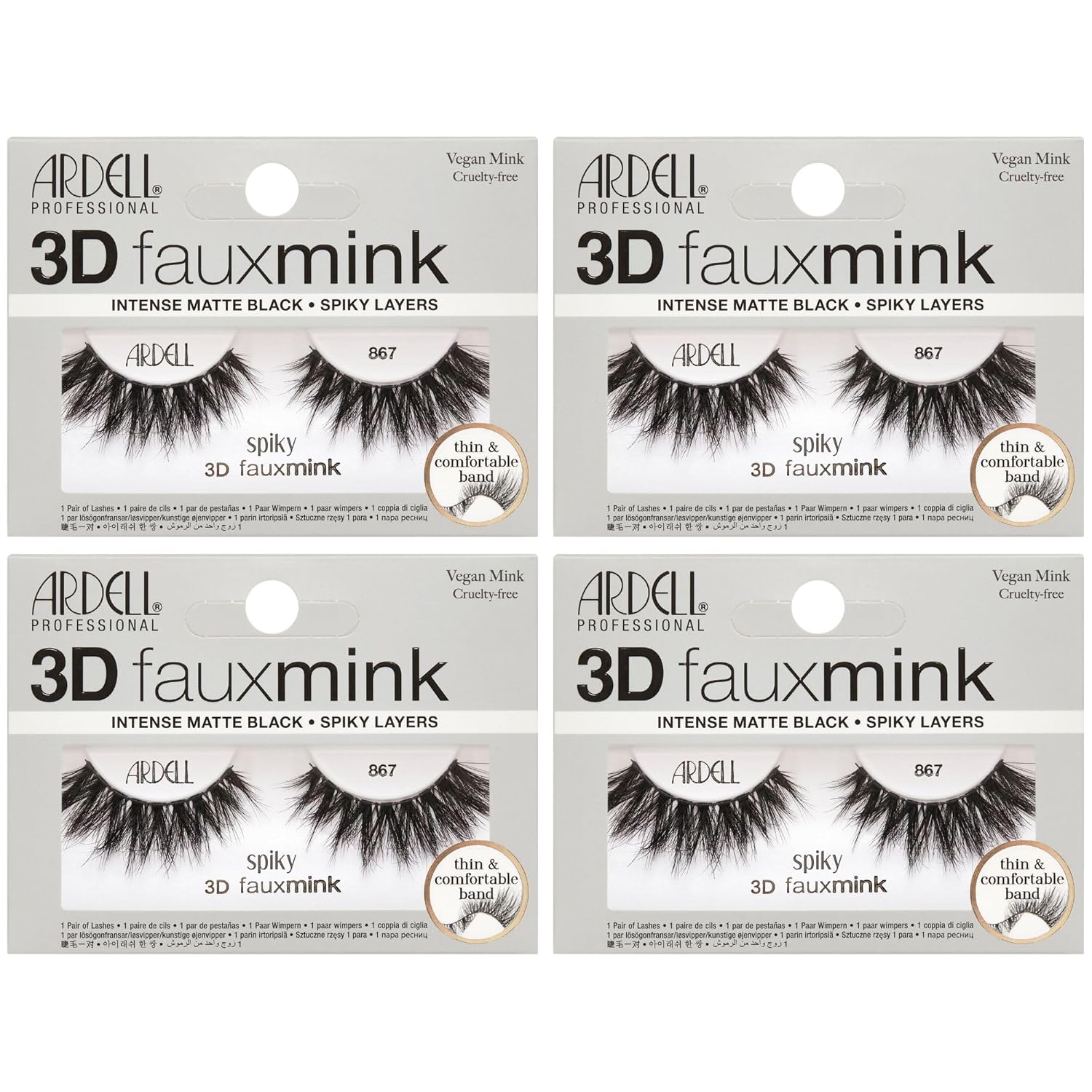Four packages of Ardell 3D faux mink false eyelashes on a white background