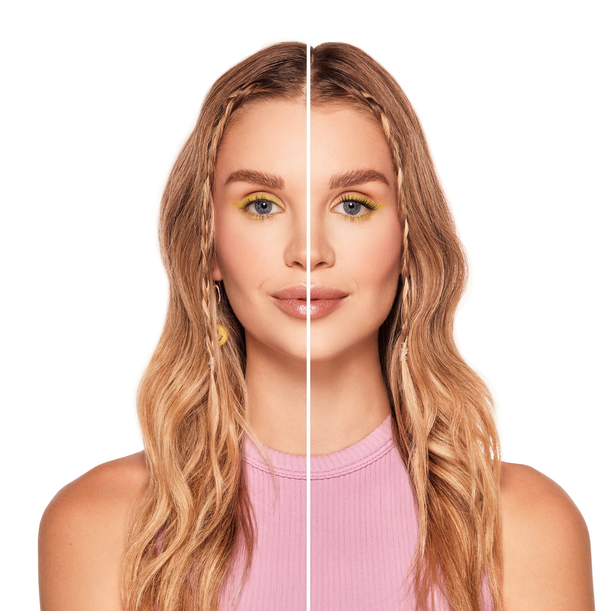 Before and after Winks Press On Natural eyelashes on Model with Round shaped eyes
