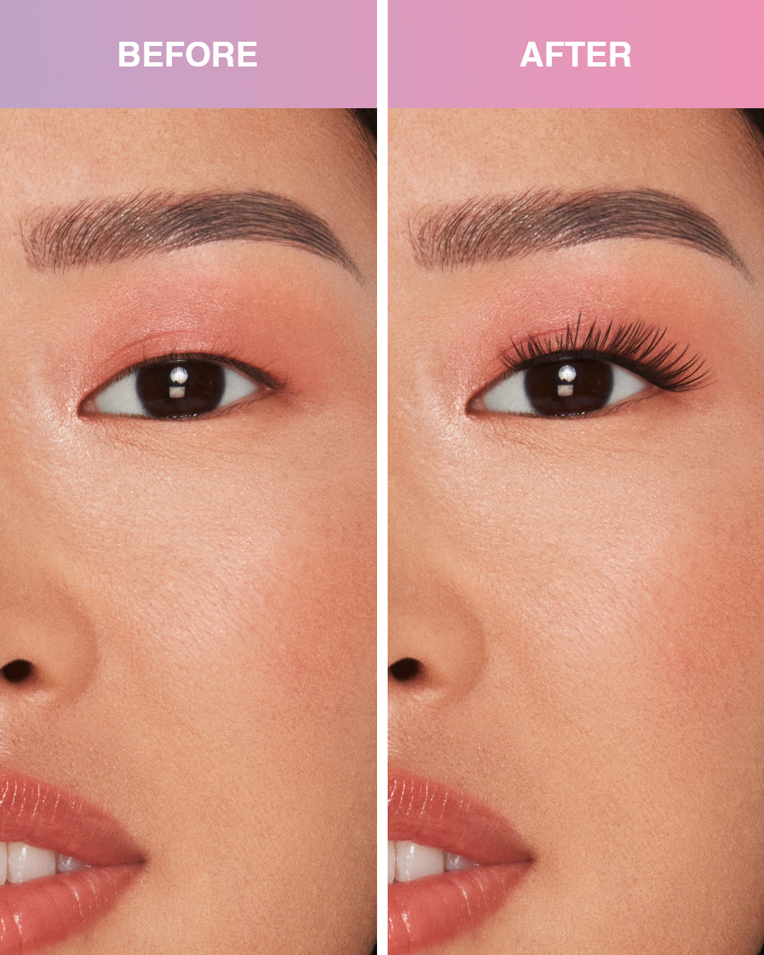 Before and after Press On Naked Natural eyelashes on Model with Monolid shaped eyes