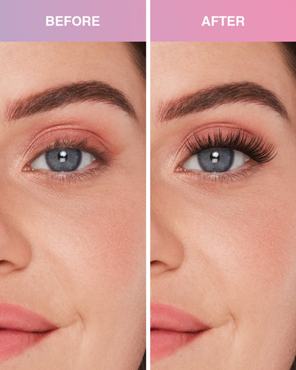 Before and after comparison model using Press On Pre-Glued Underlash Extensions Naked Soft Volume on Round eyes