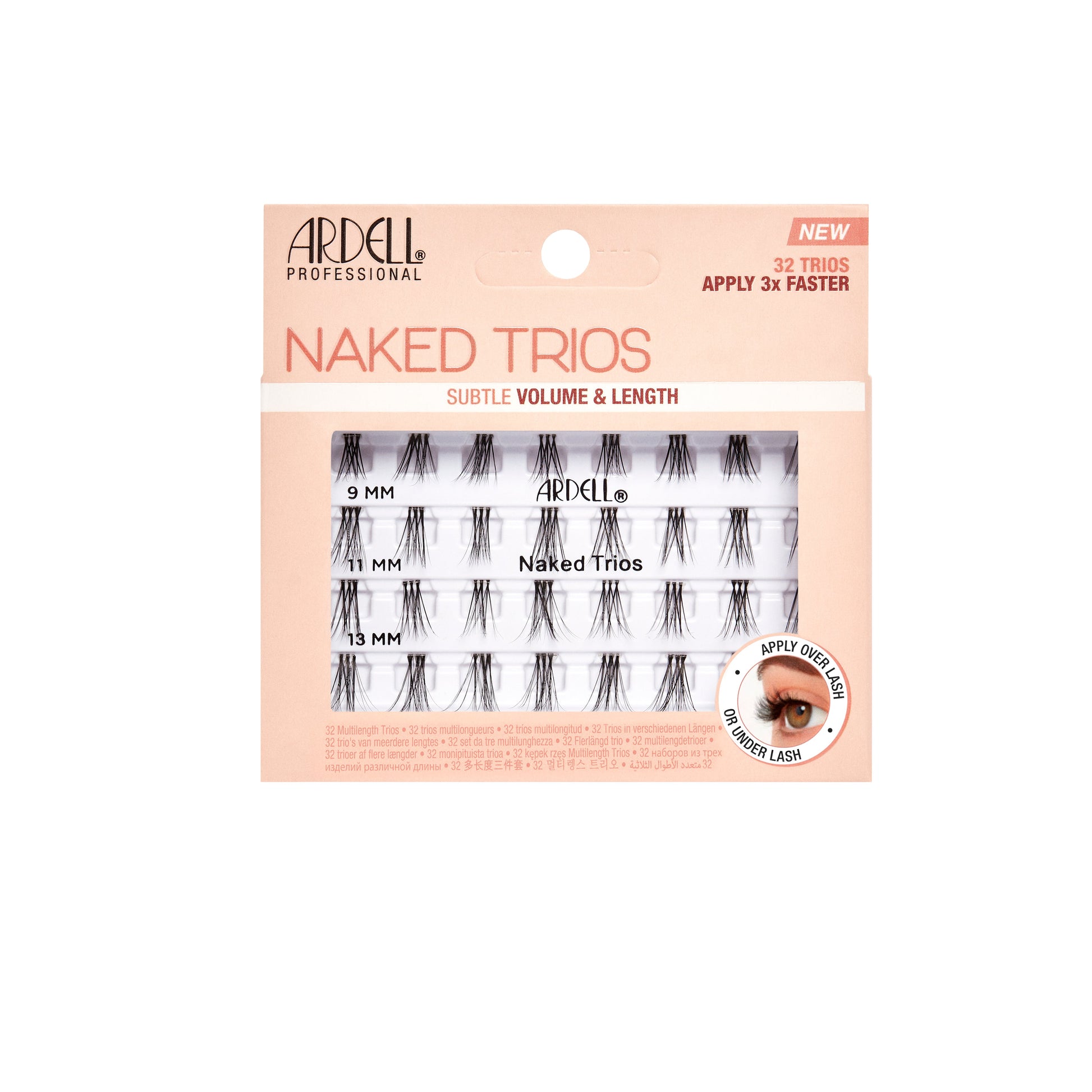 Ardell Naked Trios lash pack with 32 trio lashes in 9mm, 11mm, and 13mm for fast and easy application
