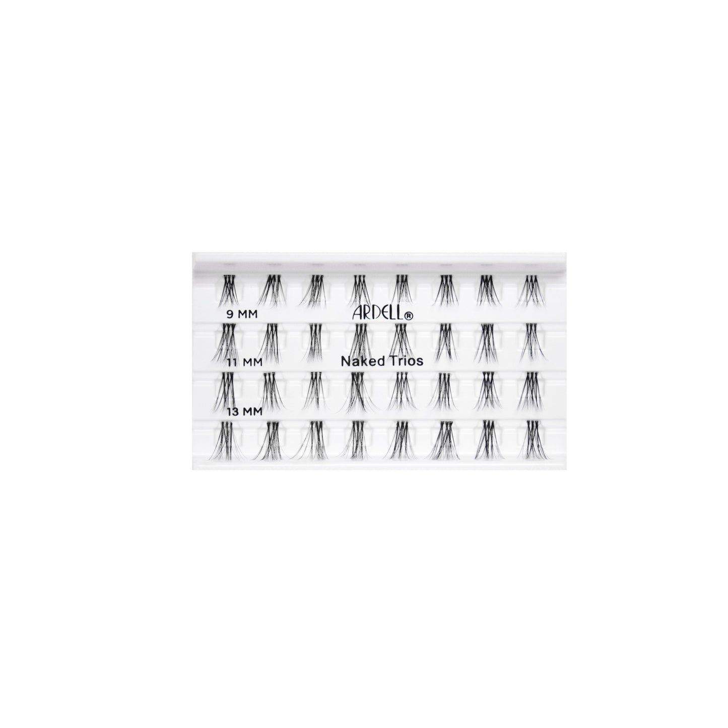 Tray of Ardell Naked Trios individual lashes in 9mm, 11mm, and 13mm lengths, knot-free and natural looking