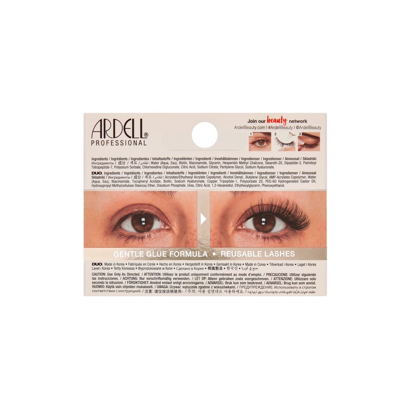 Back side of packaging with images of eyes wearing false eyelashes on a white background.