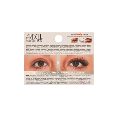Back side of packaging with images of eyes wearing false eyelashes on a white background.