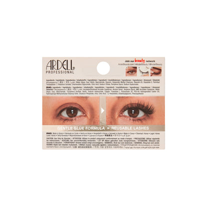 Back side of Nourish Lashes packaging with images of eyes wearing false eyelashes on a white background.