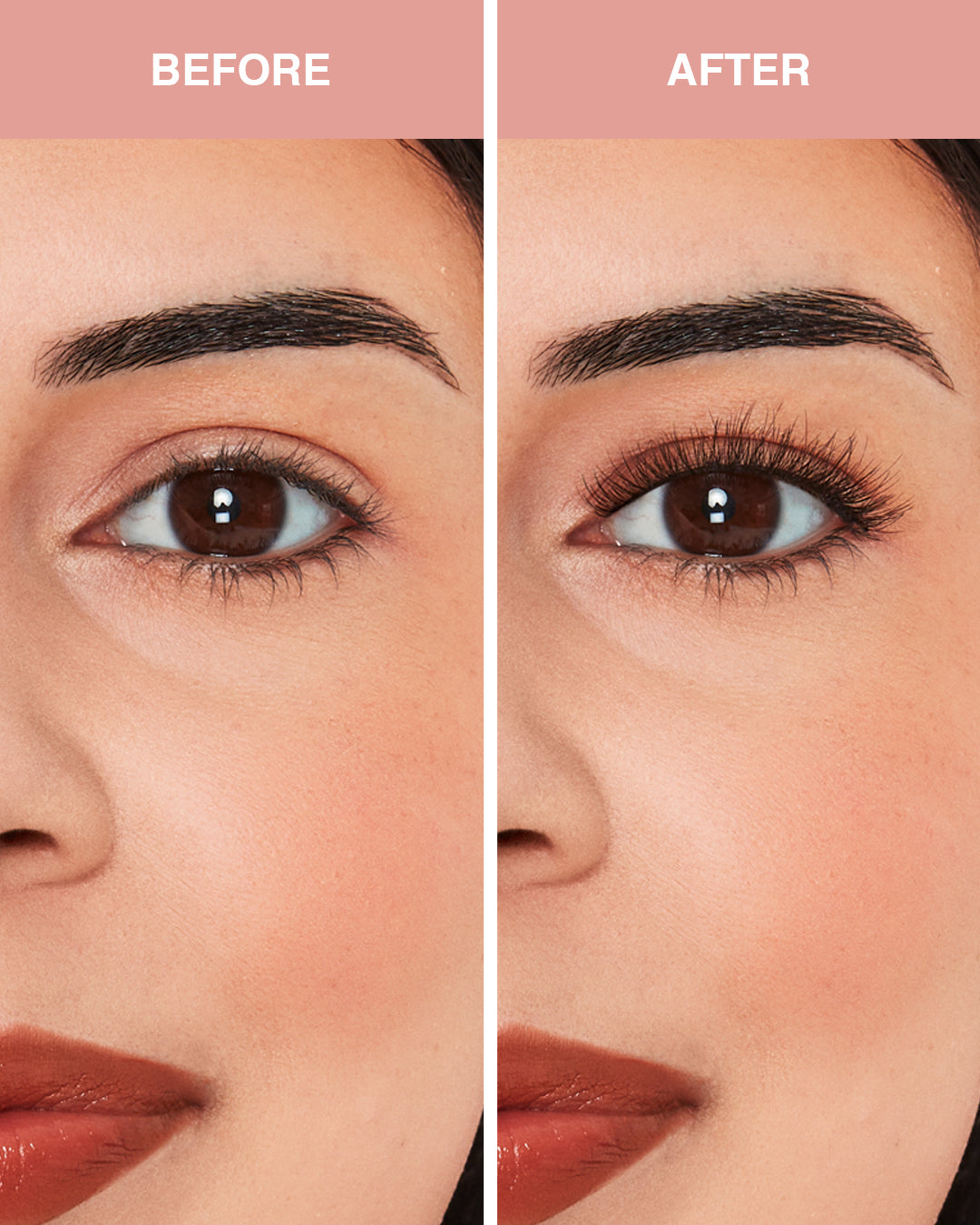 Before and after comparison of a woman's eye makeup with a focus on eyebrows.