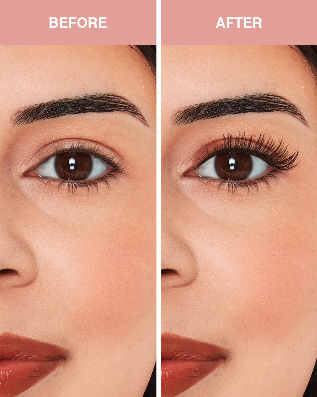 Before and after comparison of a woman's eye makeup with an eyebrow and eyelash enhancement.