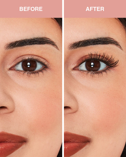 Before and after comparison of a woman's eye makeup with an eyebrow and eyelash enhancement.