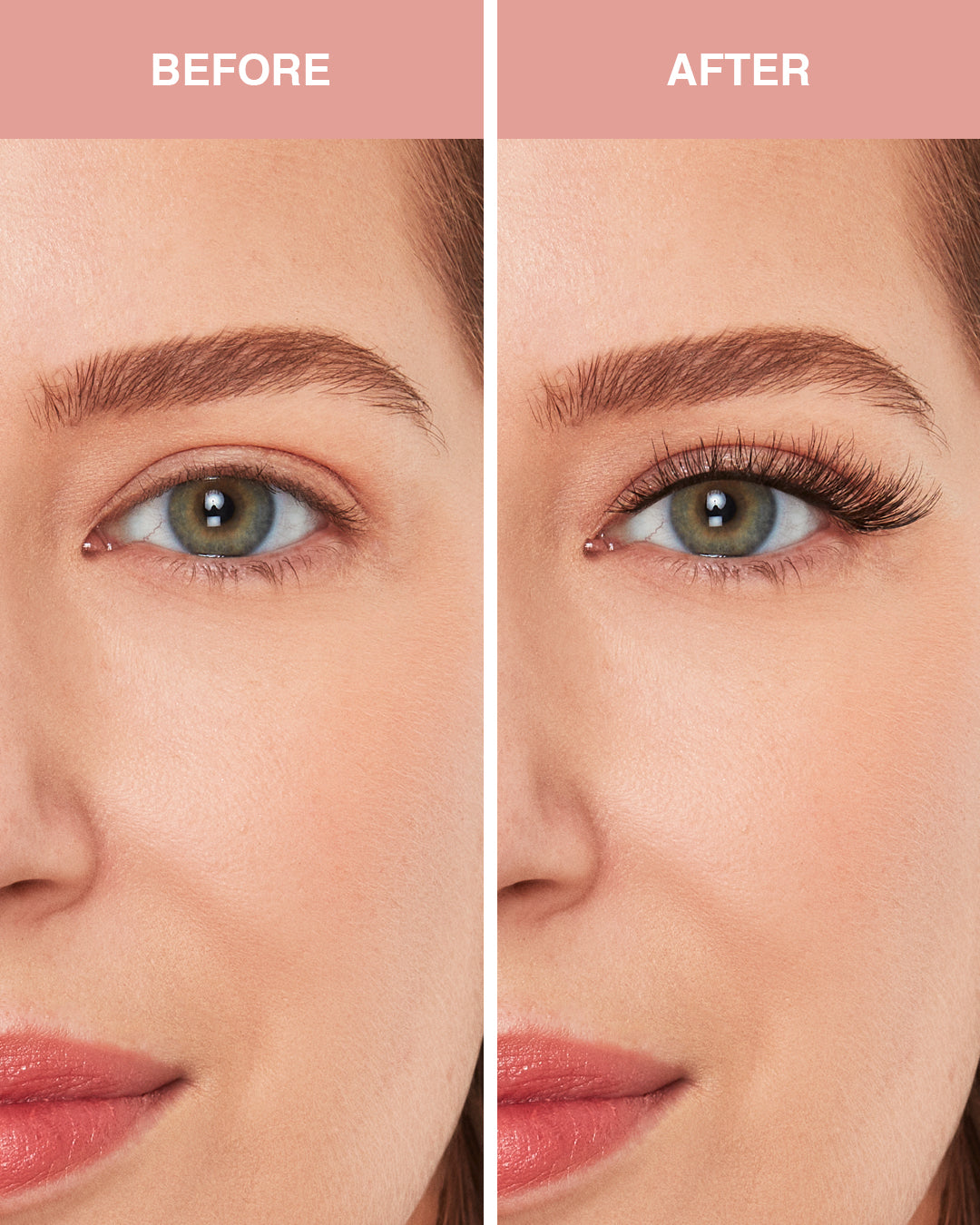 Before and after comparison of a woman's eye makeup with eyelashes.