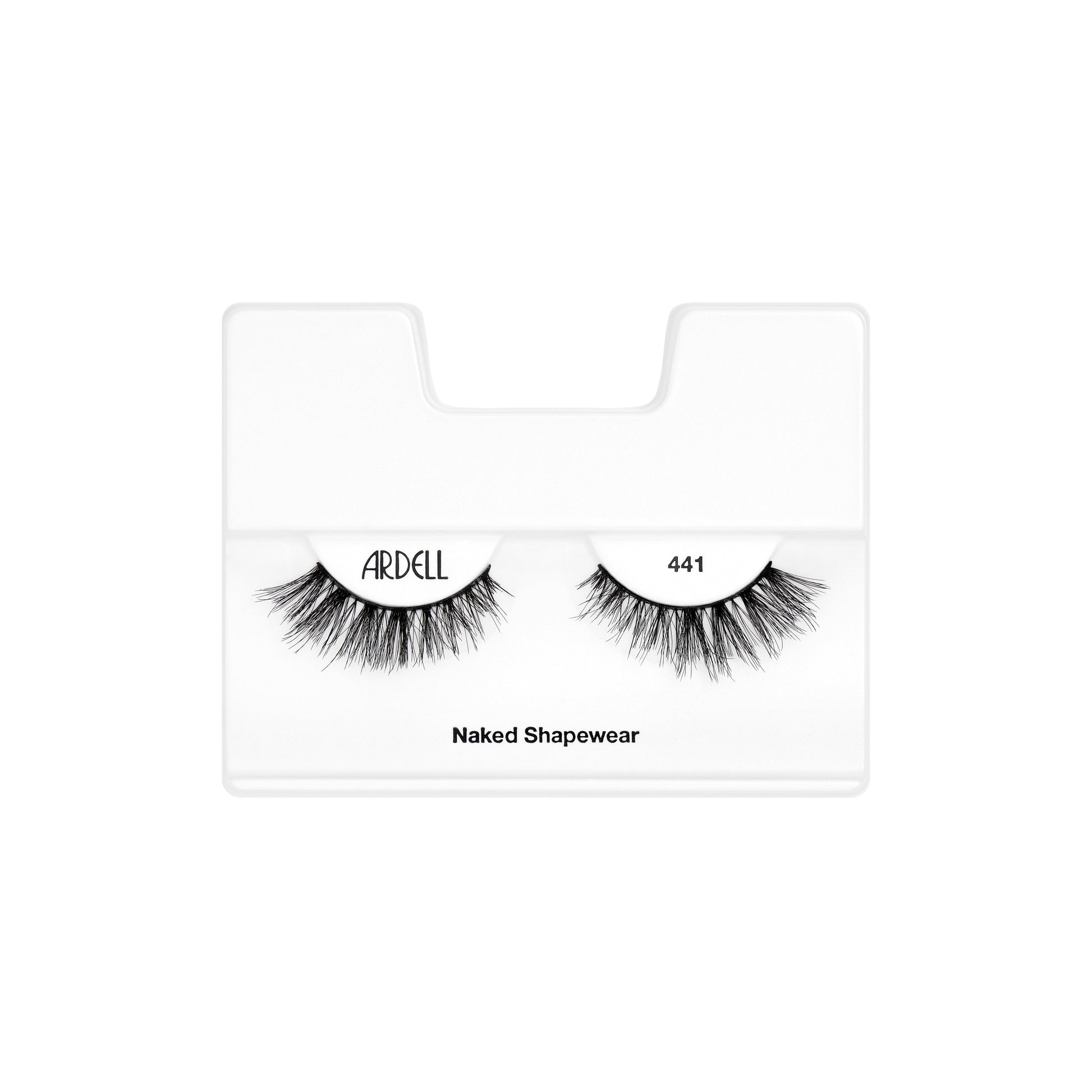 Ardell false eyelashes on a clear card with 'Naked Shapewear' text on a white background