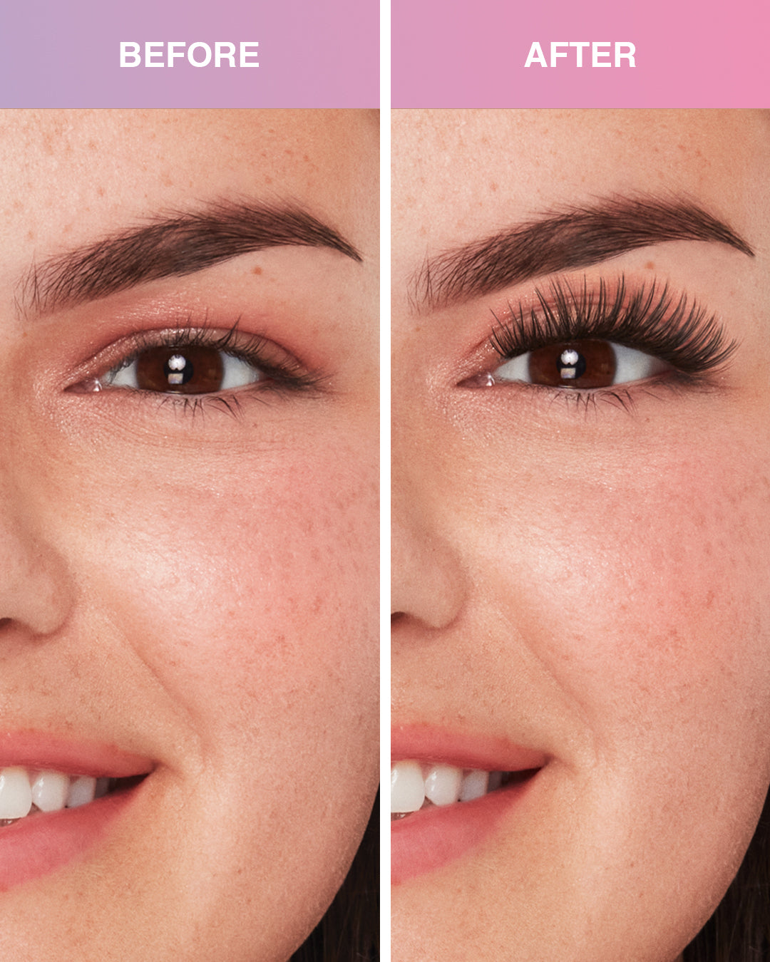 Before and after Press On Fauxmink Natural eyelashes on Model with Almond shaped eyes