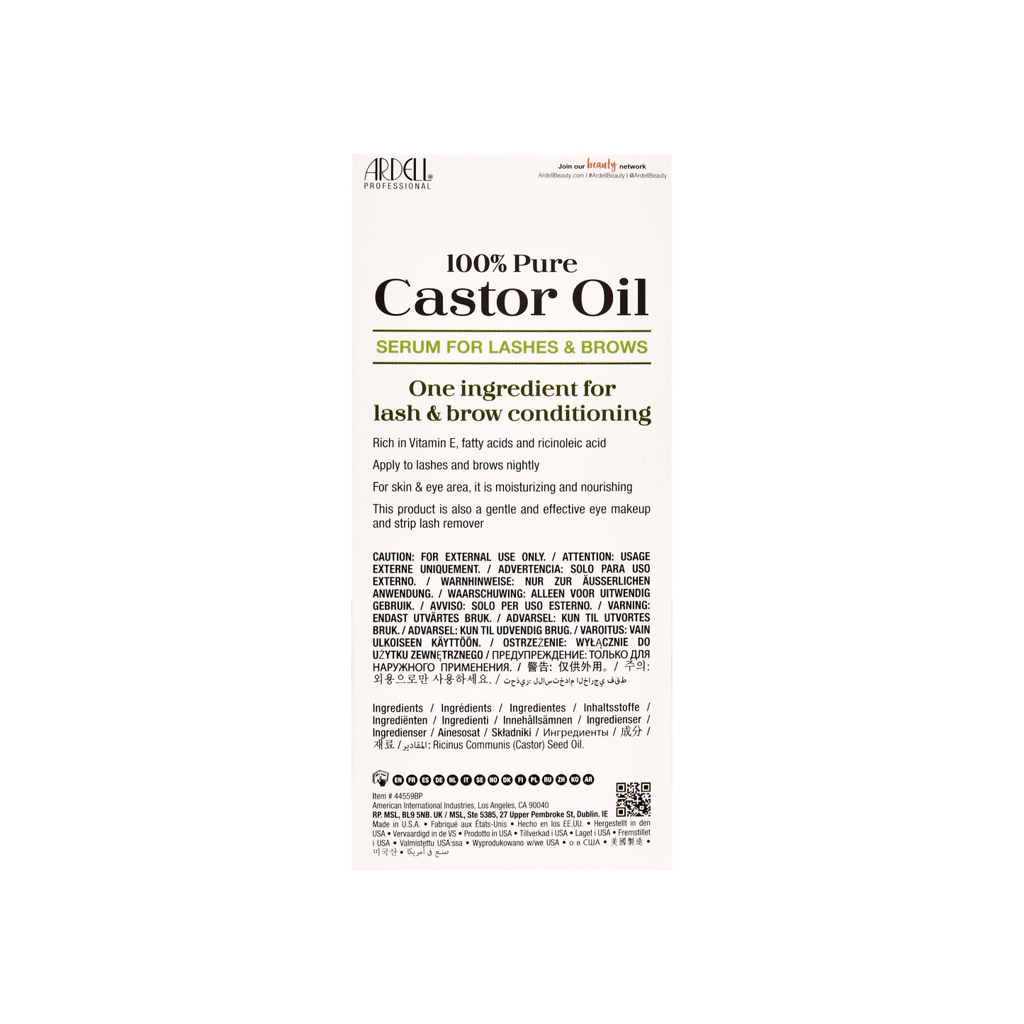 Back side of 100% Pure Castor Oil packaging on a white background