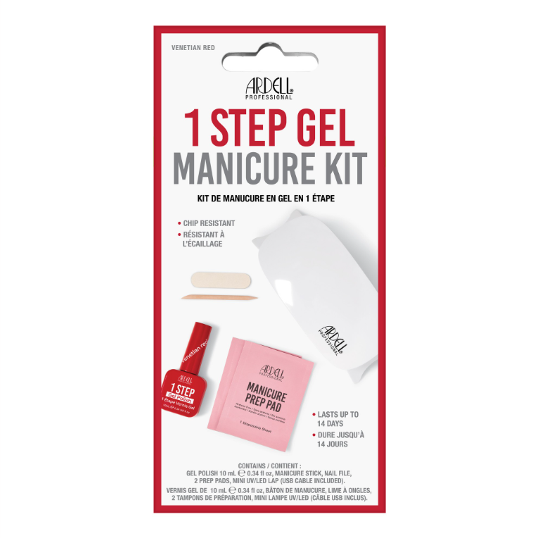 Ardell 1-Step Gel manicure Kit in Venetian Red includes LED lamp, gel polish, remover pads, file, and cleanser.