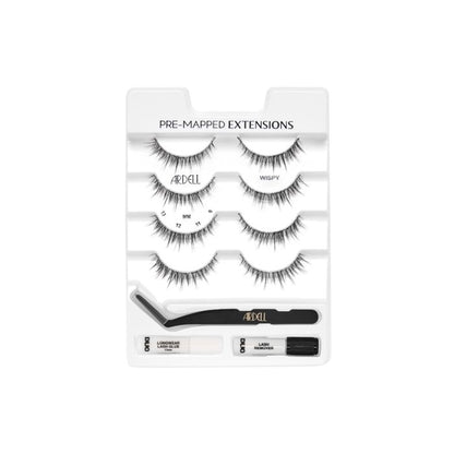 Open tray of Ardell Wispy Pre-Mapped Extensions showing four sets of pre-designed lash clusters.