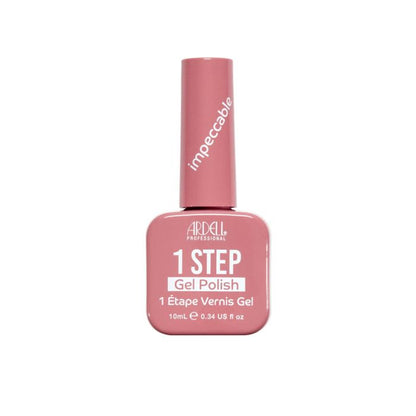 Ardell 1 Step Gel Polish in Impeccable, a muted rosy nude shade in a square bottle with pink cap.