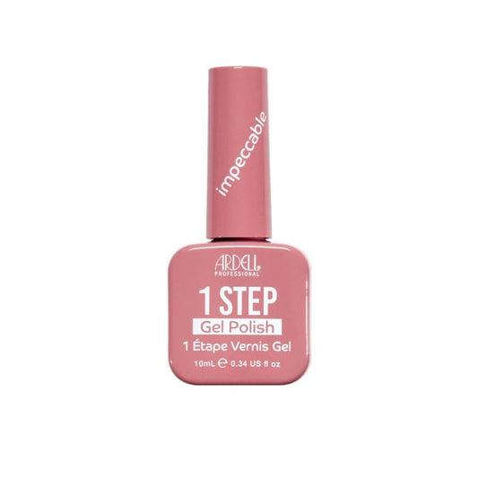 Ardell 1 Step Gel Polish in Impeccable, a muted rosy nude shade in a square bottle with pink cap.