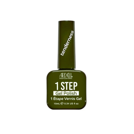 Front of Ardell One Step Gel Polish in Tenderness, a bold olive green shade in a sleek salon-style bottle.