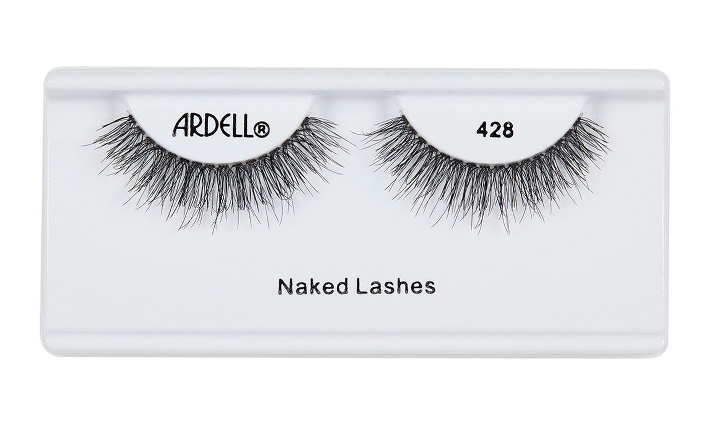 Pair of Ardell Naked Lash 428 faux lashes in inner packaging labeled "Ardell", "428", & "Naked Lashes"