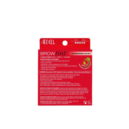 Back of Ardell Brow Tint Dark Brown with full usage directions and keratin-infused natural dyeing system.