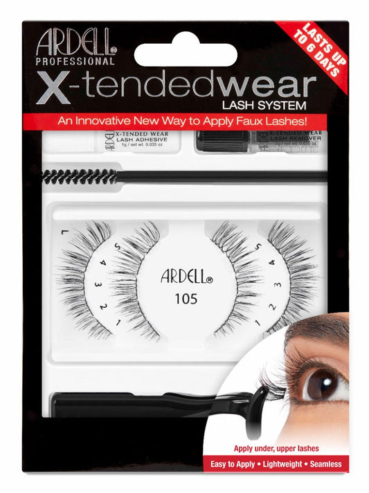 Front view of Ardell, X-tended Wear #105 lashes in retail wall hook packaging