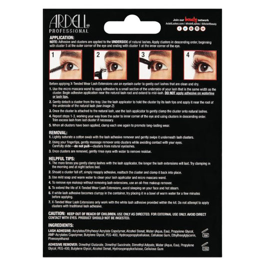 Back of Ardell X-tended Wear kit with application steps, lash tips, removal instructions, and ingredient list.