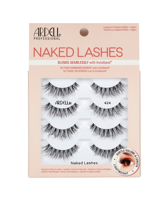 Front view of an Ardell Naked Lash 424 faux lashes set in complete multipack retail wall hook packaging