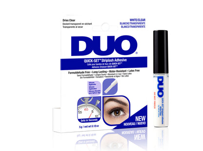 Image of DUO Quick-Set Striplash Adhesive in white/clear packaging, long-lasting, latex-free, and water-resistant.