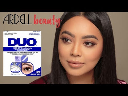 A model with flawless lashes using DUO Quick-Set Striplash Adhesive, featuring Ardell Beauty branding.