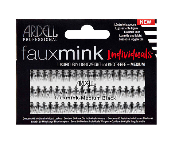 A box of 60 Medium individual Faux mink lashes by Ardell with text describing the lashes